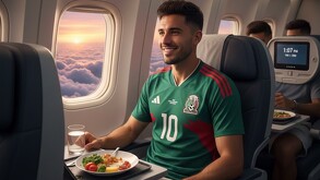 Hombre con la camiseta de la Selección Mexicana en un avión.