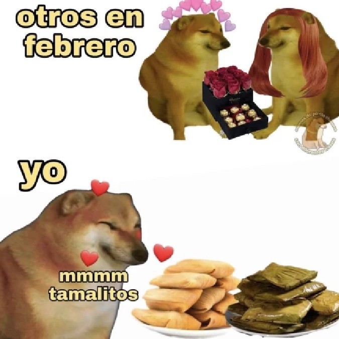 Meme de Cheems con dos perritos dándose chocolates y un perrito debajo viendo unos tamales