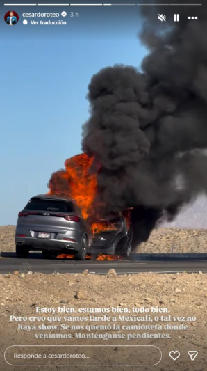 Historia compartida en la cuenta de Instagram de César Doroteo donde muestra la camioneta envuelta en llamas.