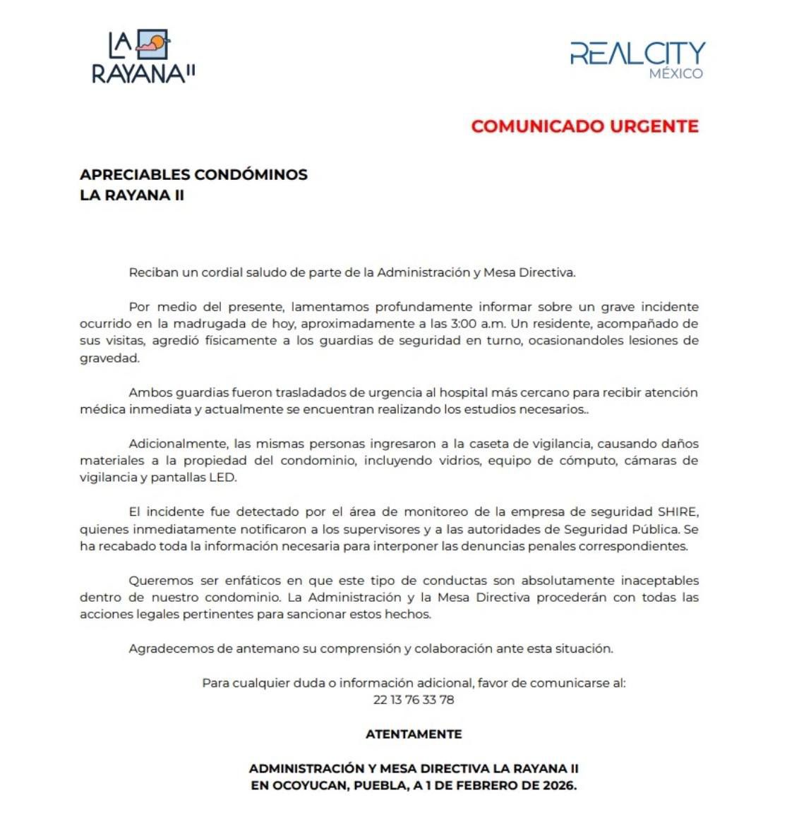 Comunicado del fraccionamiento La Rayana II por agresión a guardias de seguridad.