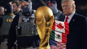 Collage de Donald Trump, agentes de ICE y la copa del mundo 2026