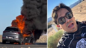 A la izquierda, camioneta de Ricardo Peralta incendiándose en plena carretera. A la derecha, el creador de contenido hablando para la cámara sobre el hecho.