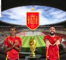 Lamine Yamal y Dani Carvajal celebran frente al trofeo de la Copa del Mundo y el escudo de España, con un logotipo de 2026 sobre un estadio vacío.