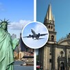 Collage que muestra la Estatua de la Libertad en Nueva York y la Catedral de Guadalajara, con un avión volando dentro de un círculo blanco al centro.