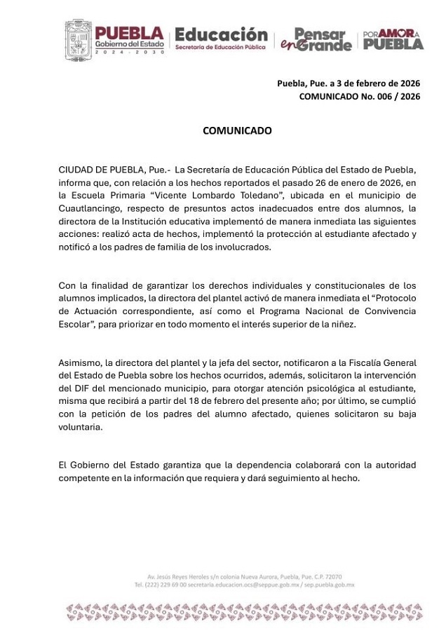 Comunicado de la SEP habla sobre caso de abuso sexual en escuela de Cuautlancingo, Puebla.