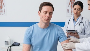 un hombre con manchas de sarampión en el rostro y brazos es atendido en un consultorio médico