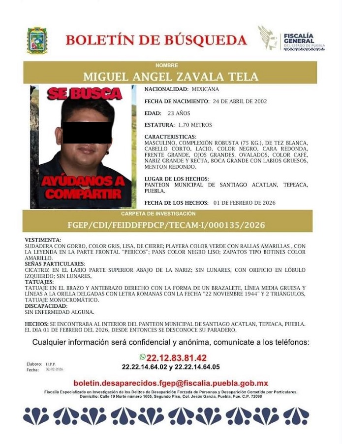 Ficha de búsqueda de Miguel Ángel Zavala en Puebla.