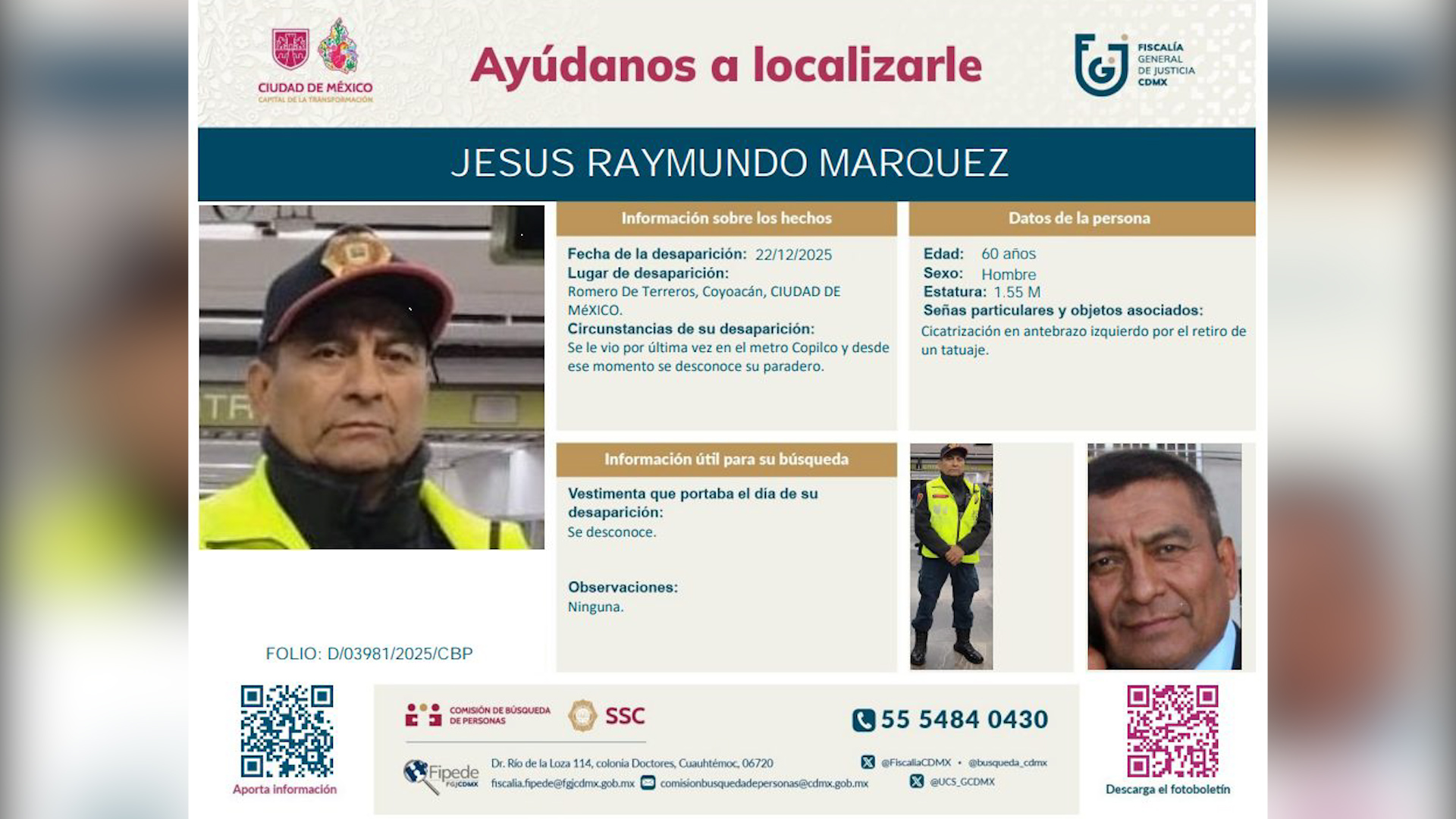 El hombre operaba como elemento de seguridad desde hace más de 20 años. Piden ayuda para localizarle.