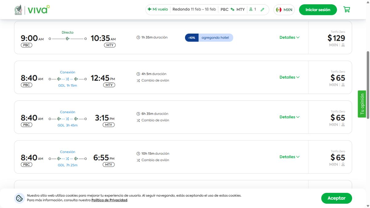 Página Viva Aerobus de los boletos de la ruta Puebla-MTY