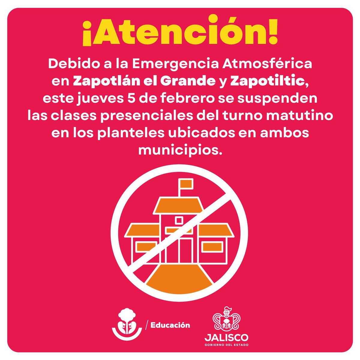 Debido a la emergencia atmosférica, autoridades educativas suspendieron las clases presenciales del turno matutino este jueves 5 de febrero en Zapotlán el Grand