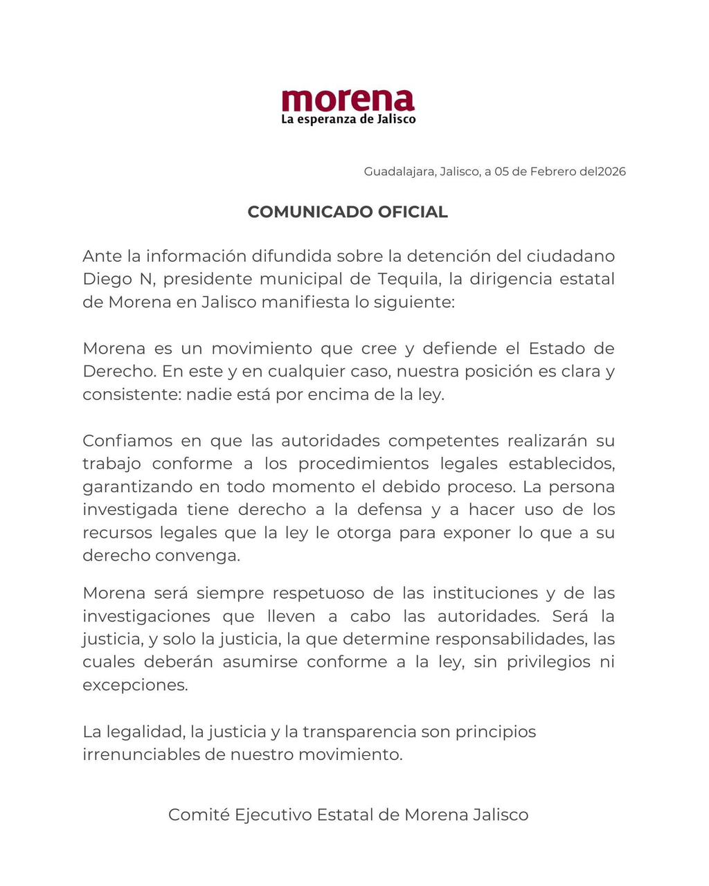 Comunicado de Prensa del partido político de Morena Jalisco acerca de la detención de Diego Rivera, presidente de Tequila