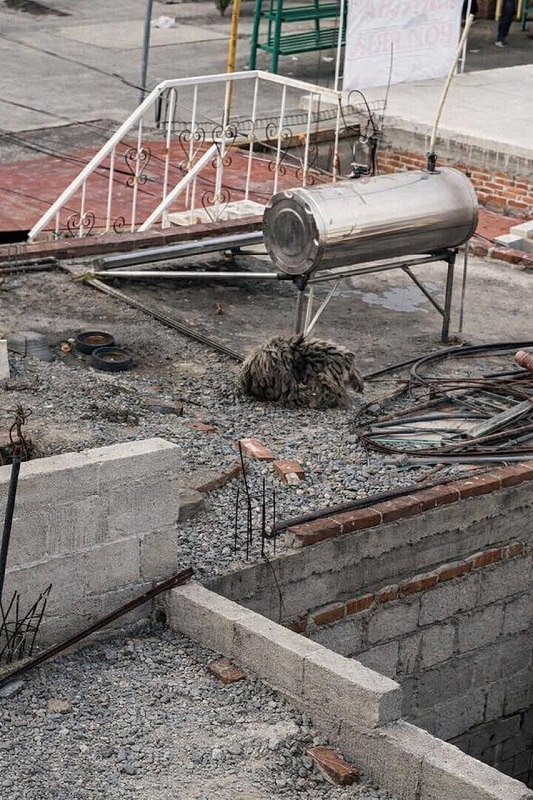 Perro sucio abandonado en una azotea de Tlaxcala.