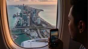 Persona llegando en avión a Miami