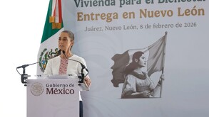 Claudia Sheinbaum hablando en evento en Juárez, Nuevo León.