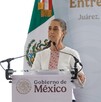 Claudia Sheinbaum hablando en evento en Juárez, Nuevo León.