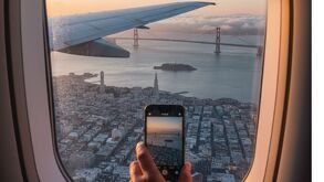 Persona llegando en avión a San Francisco California