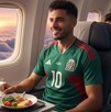 Hombre con la camiseta de la Selección Mexicana en un avión.