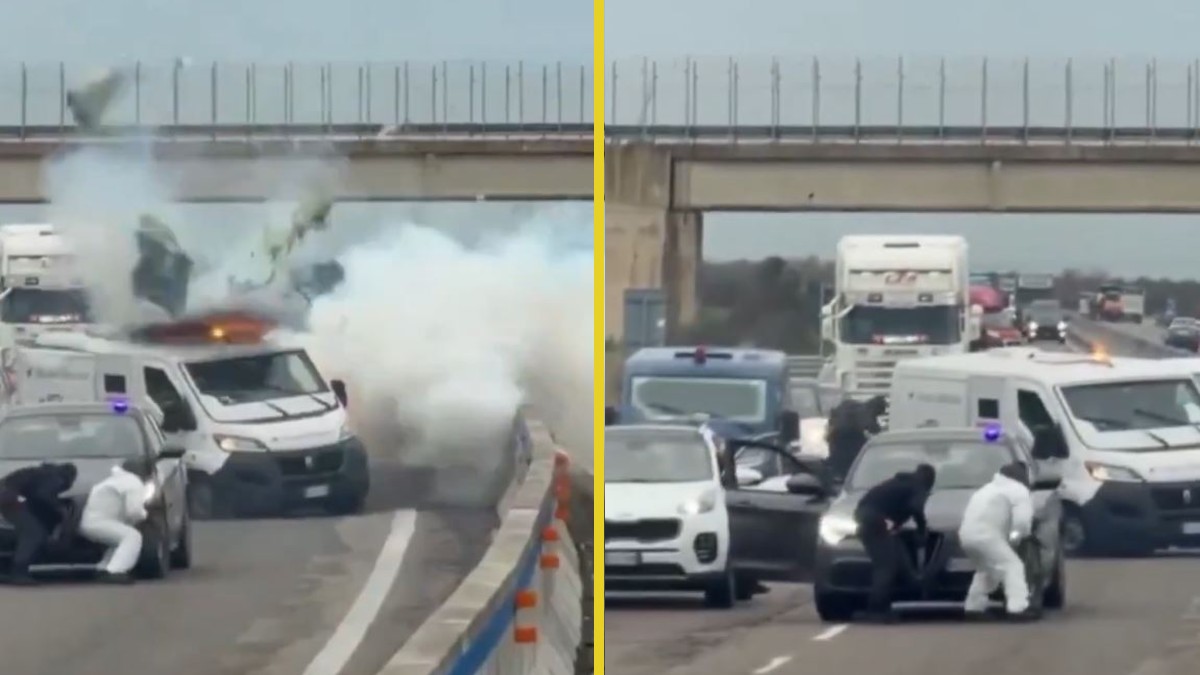 Un espectacular atraco fue realizado en una autopista de Italia, asaltantes robaron camión blindado con explosivos.