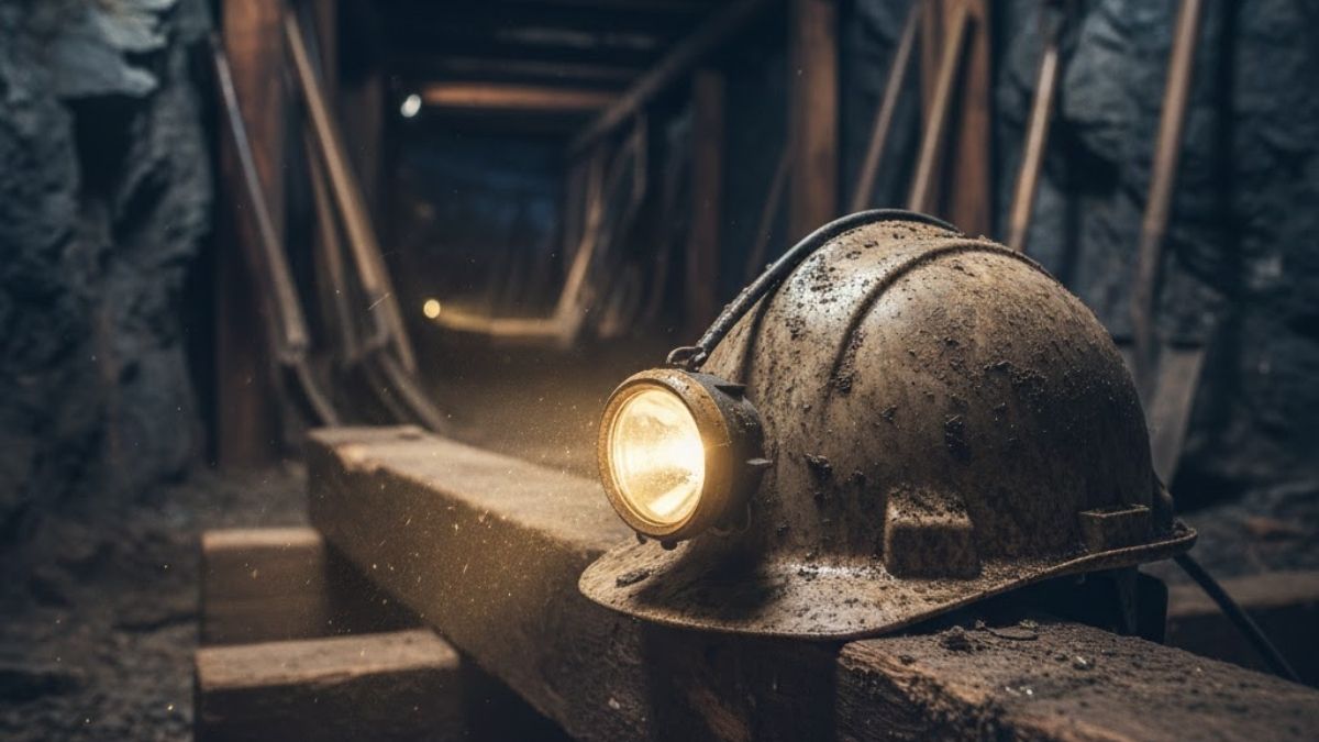 Casco de un minero al interior de una mina