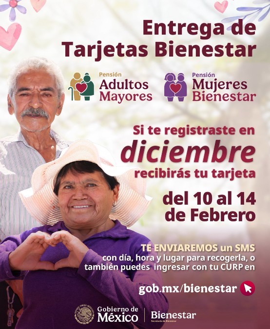 Así será la entrega de las tarjetas de la Pensión Bienestar para Adultos Mayores en febrero de 2026.