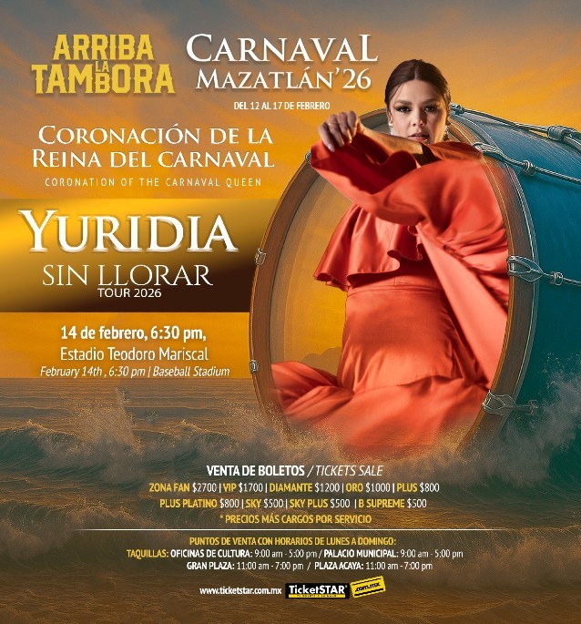 Flyer oficial del concierto de Yuridia en el Carnaval de Mazatlán 2026 con información del evento y una foto de la cantante