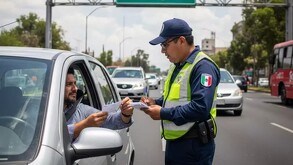 Policía de tránsito sosteniendo una libreta y lapicero para aplicar una multa vehicular a un conductor que sostiene una hoja dentro de un auto