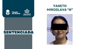 Ficha de sentencia de la Fiscalía de Jalisco con una foro de una mujer de nombre Yaneth Miroslava N con los ojos censurados por un recuadro negro