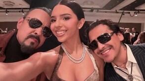 Pepe Aguilar junto a su hija Ángela y Christian Nodal.