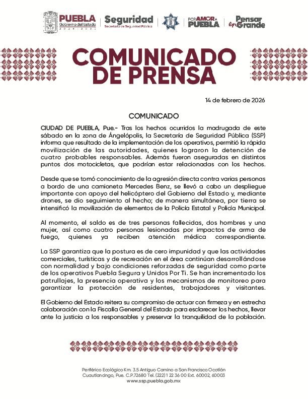 Comunicado gobierno de Puebla por la Balacera Sala de Despecho.