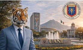 Tigre humanizado como el movimiento Therian con elementos de Nuevo León alrededor.