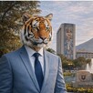 Tigre humanizado como el movimiento Therian con elementos de Nuevo León alrededor.