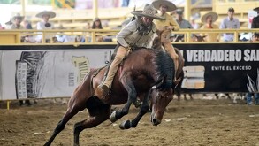Hombre montando a caballo color café durante un espectáculo de charrería en Tlajomulco con otros jinetes detrás y personas observando en el público