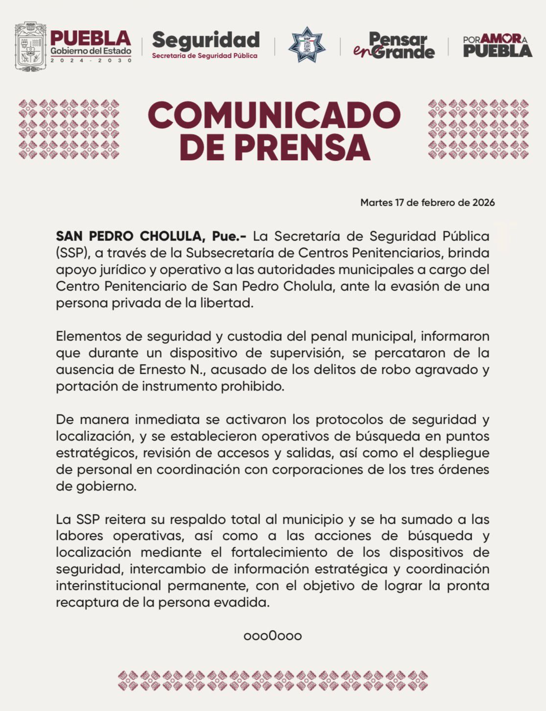 Interno se fuga del penal de San Pedro Cholula