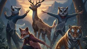 Un grupo de jóvenes con características de animales, algunos usan mascaras de animales: Buhó, tigre, ciervo y lobo