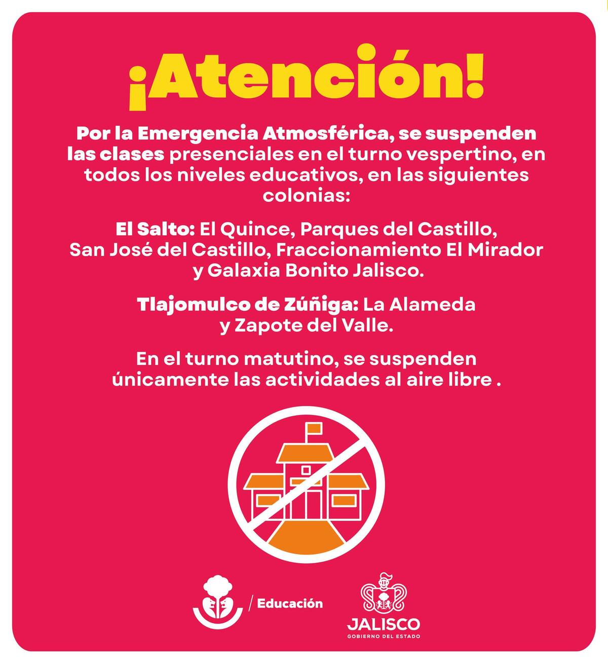 Suspenden clases en Tlajomulco y El Salto por contaminación atmosférica.