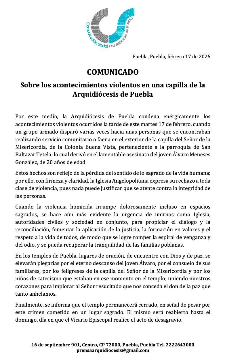 Comunicado arquidiócesis Puebla por asesinato de un joven en una capilla.