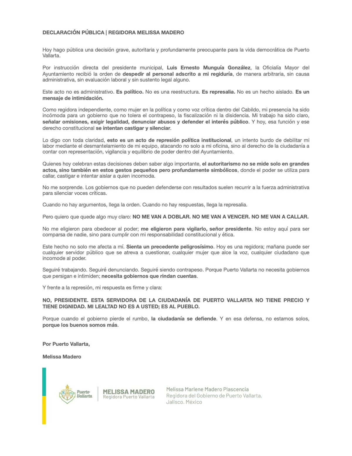 Declaración oficial de Melissa Madero