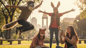 Varios Therian en una reunión en un parque divirtiéndose y tomando fotografías del encuentro.