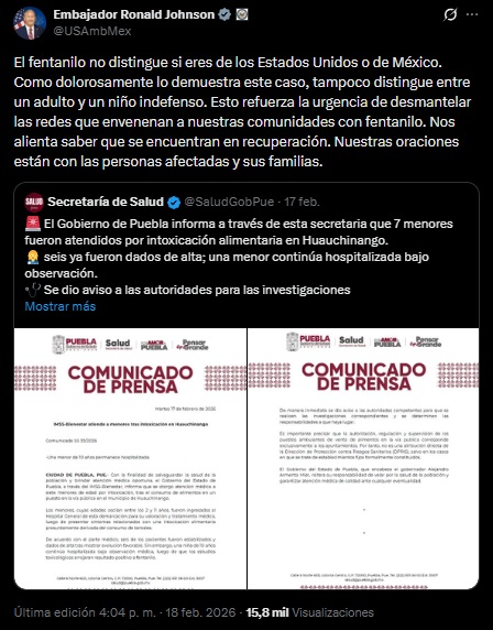 Publicación en X del embajador Ronald Johnson sobre el caso de una niña intoxicada con fentanilo en Puebla.