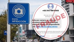 Un anuncio de advertencia por cámara de fotomulta junto a un mensaje de estafa.