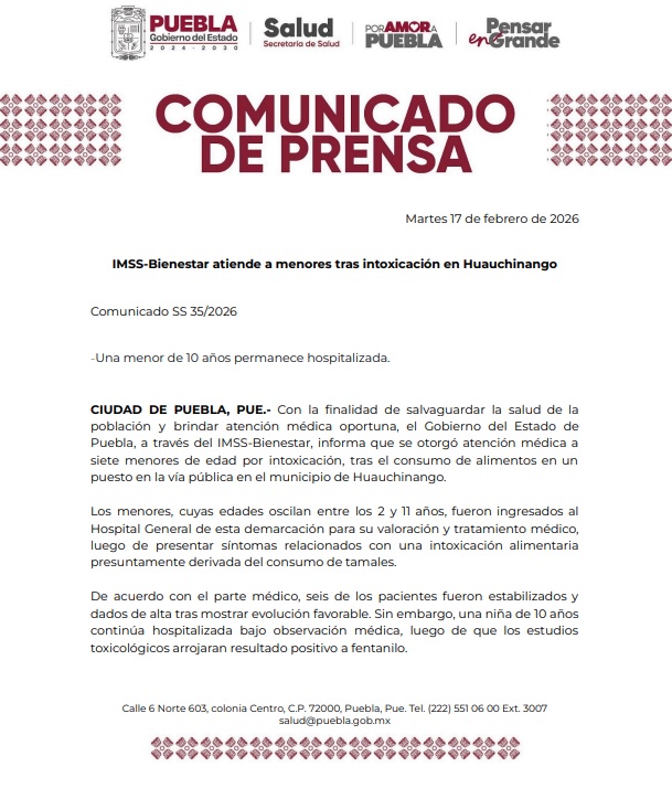 Comunicado de la Secretaría de Salud sobre la intoxicación de siete niños tras consumir tamales en Puebla.