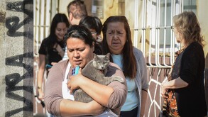 Mujer bajando a su gato tras la activación de la alerta sísmica.