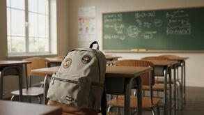 Una mochila en medio de un salón de clases lleno de asientos vacíos, el interior salón de clases esta iluminado por la luz del sol