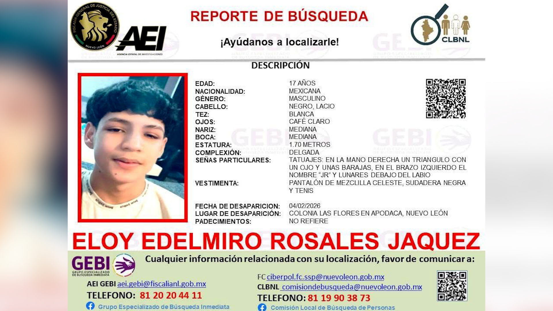 Familia del menor pide ayuda para localizar al joven que desapareció tras salir a una entrevista de trabajo.