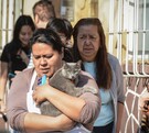 Mujer bajando a su gato tras la activación de la alerta sísmica.