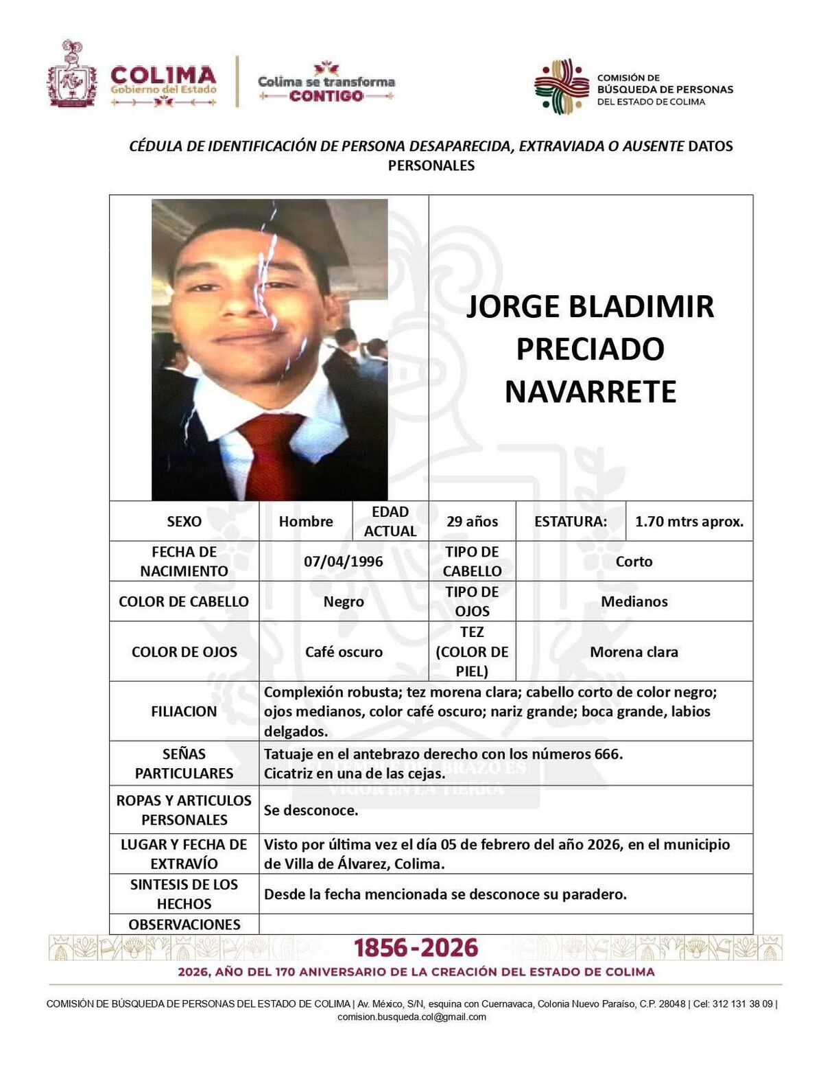 Tras confirmarse su desaparición, la Fiscalía de Colima emitió una ficha de búsqueda por el hijo del exsenador Jorge Luis Preciado.