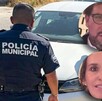 Foto de policía revisando un vehículo junto a los rostros de una pareja desaparecida en Puebla.