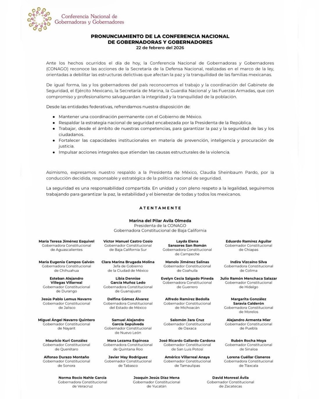 Gobernadoras y gobernadores respaldan a la presidenta Claudia Sheinbaum.