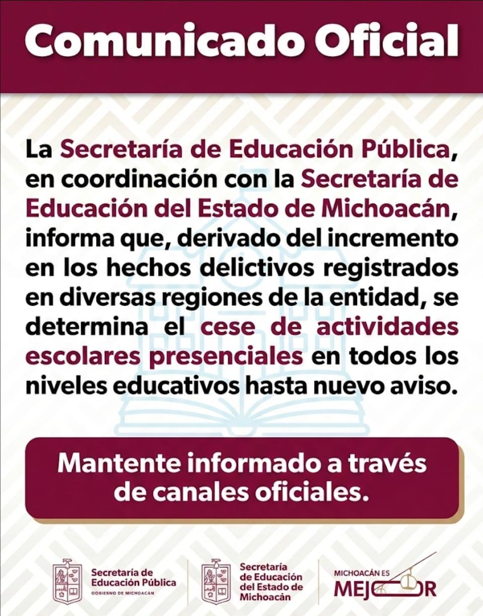 Suspenden clases en Michoacán por violencia este 23 de febrero de 2026