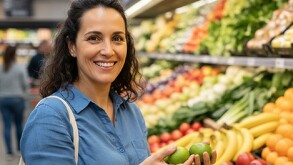Mujer haciendo compras en el supermercado eligiendo limones y sonriendo
